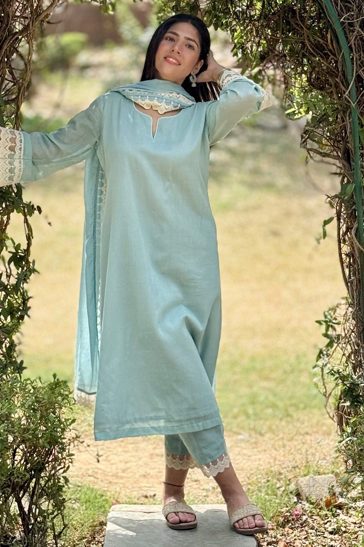 Buy Teal Green Cotton Mul Kurta Set by The Hemming Bird for Women online at ScrollnShops